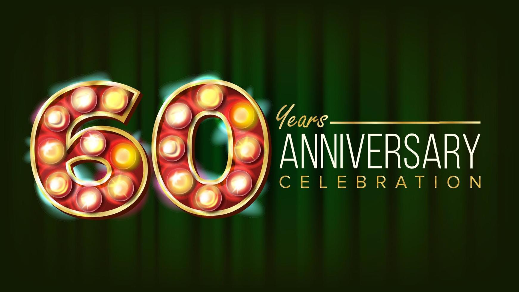 Vector de banner de aniversario de 60 años. sesenta, sexagésima celebración. dígitos de elementos brillantes 3d. para volante, tarjeta, boda, diseño publicitario. ilustración clásica de fondo verde