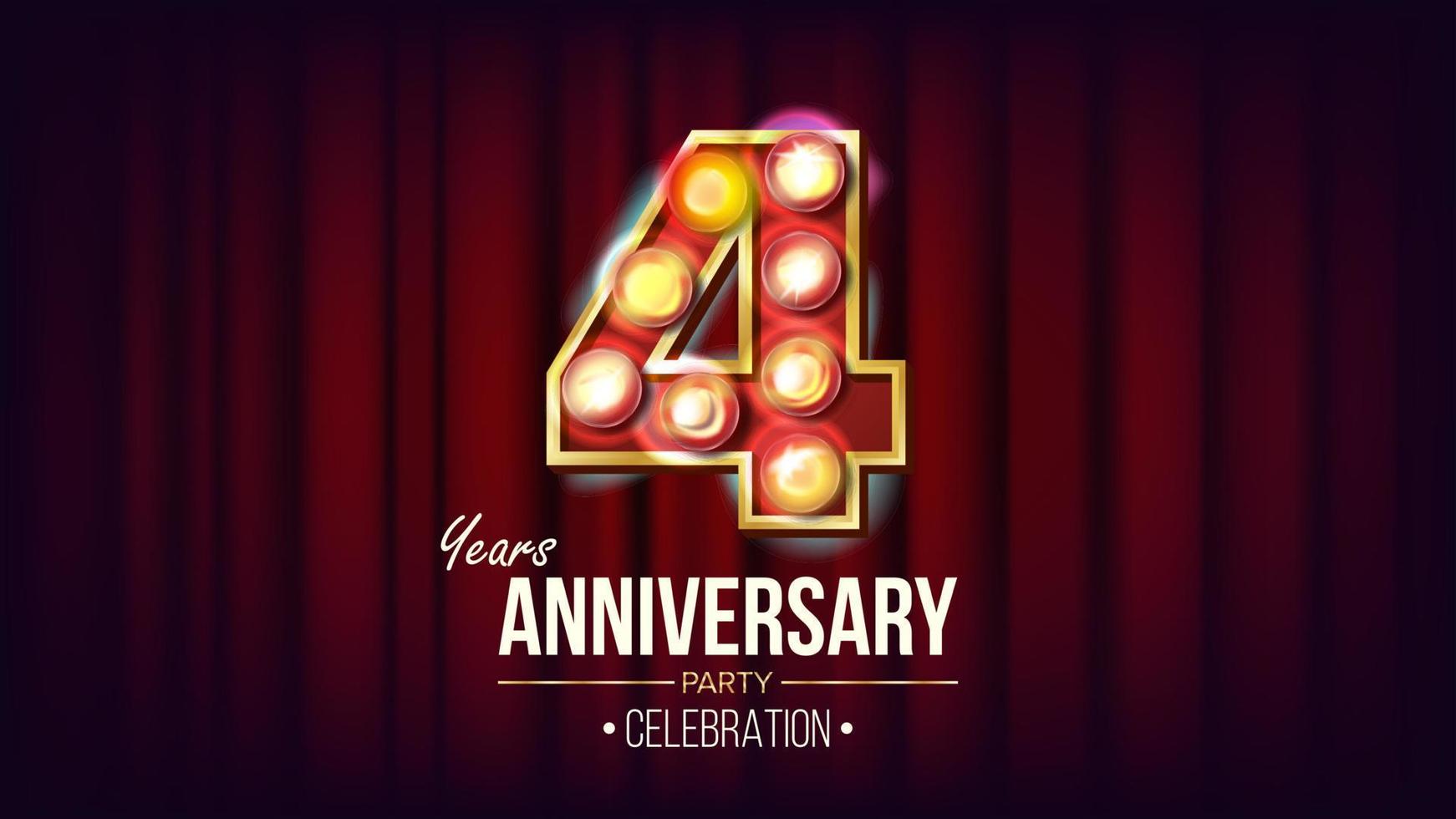 4 Years Anniversary Banner Vector. Four, Fourth Celebration. Vintage Style Illuminated Light Digits. For Flyer, Card, Wedding, Advertising Design. Retro Red Background Illustration vector