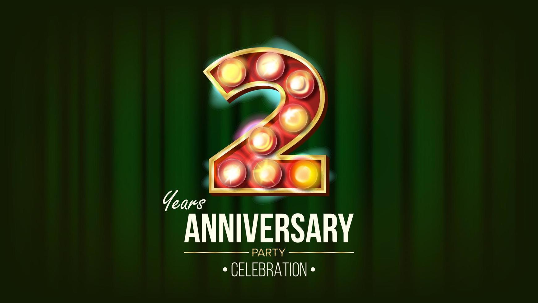 2 Years Anniversary Banner Vector. Two, Second Celebration. 3D Glowing Element Digits. For Happy Birthday Luxurious Advertising Design. Modern Green Background Illustration vector