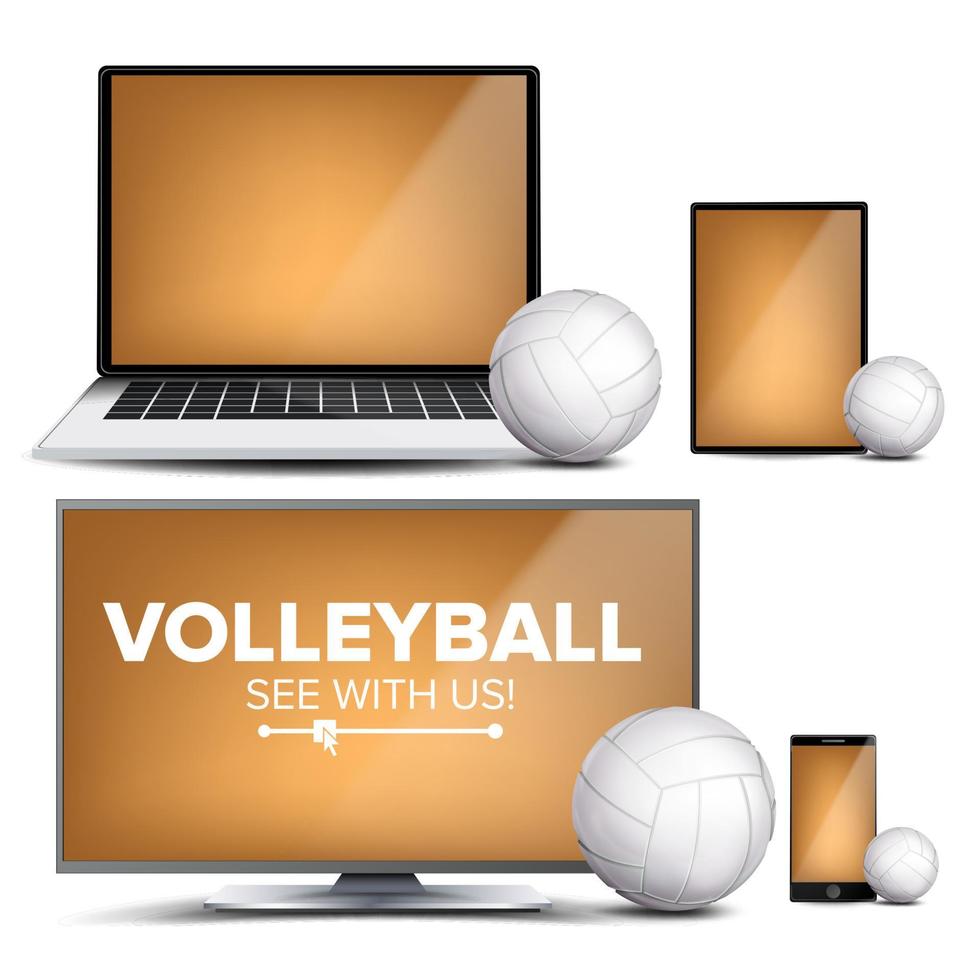 vector de aplicación de voleibol. campo, pelota de voleibol. transmisión en línea, casa de apuestas, aplicación de juegos deportivos. elemento de diseño de pancartas. partido en vivo. monitor, computadora portátil, tableta, teléfono inteligente móvil. ilustración realista