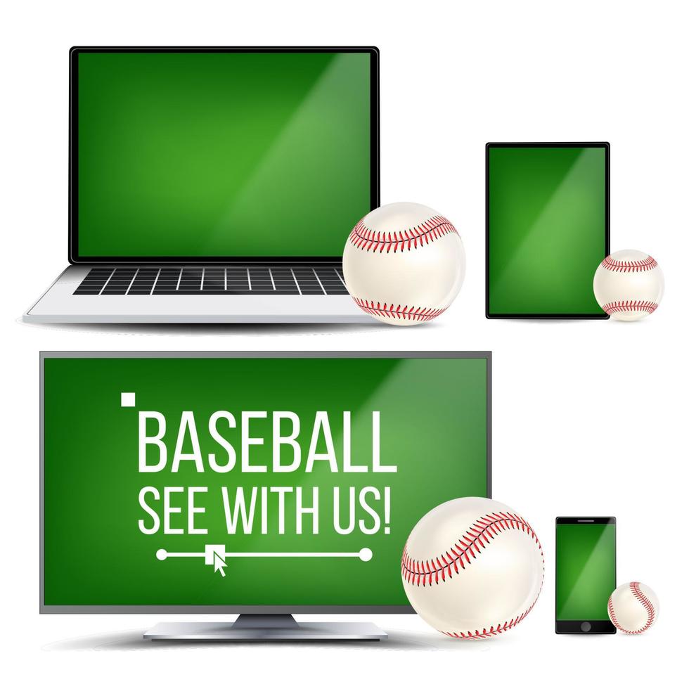 vector de aplicación de béisbol. campo, pelota de béisbol. transmisión en línea, aplicación de juegos deportivos de apuestas. elemento de diseño de pancartas. partido en vivo. monitor, computadora portátil, tableta táctil, teléfono inteligente móvil. ilustración realista