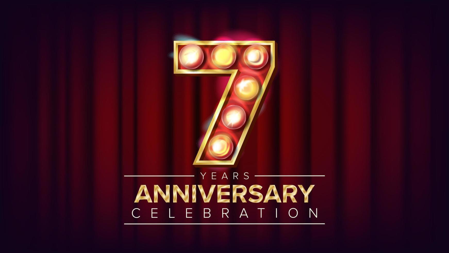 7 Years Anniversary Banner Vector. Seven, Seventh Celebration. Shining Light Sign Number. For Birthday Poster Template Design. Classic Red Background Illustration vector