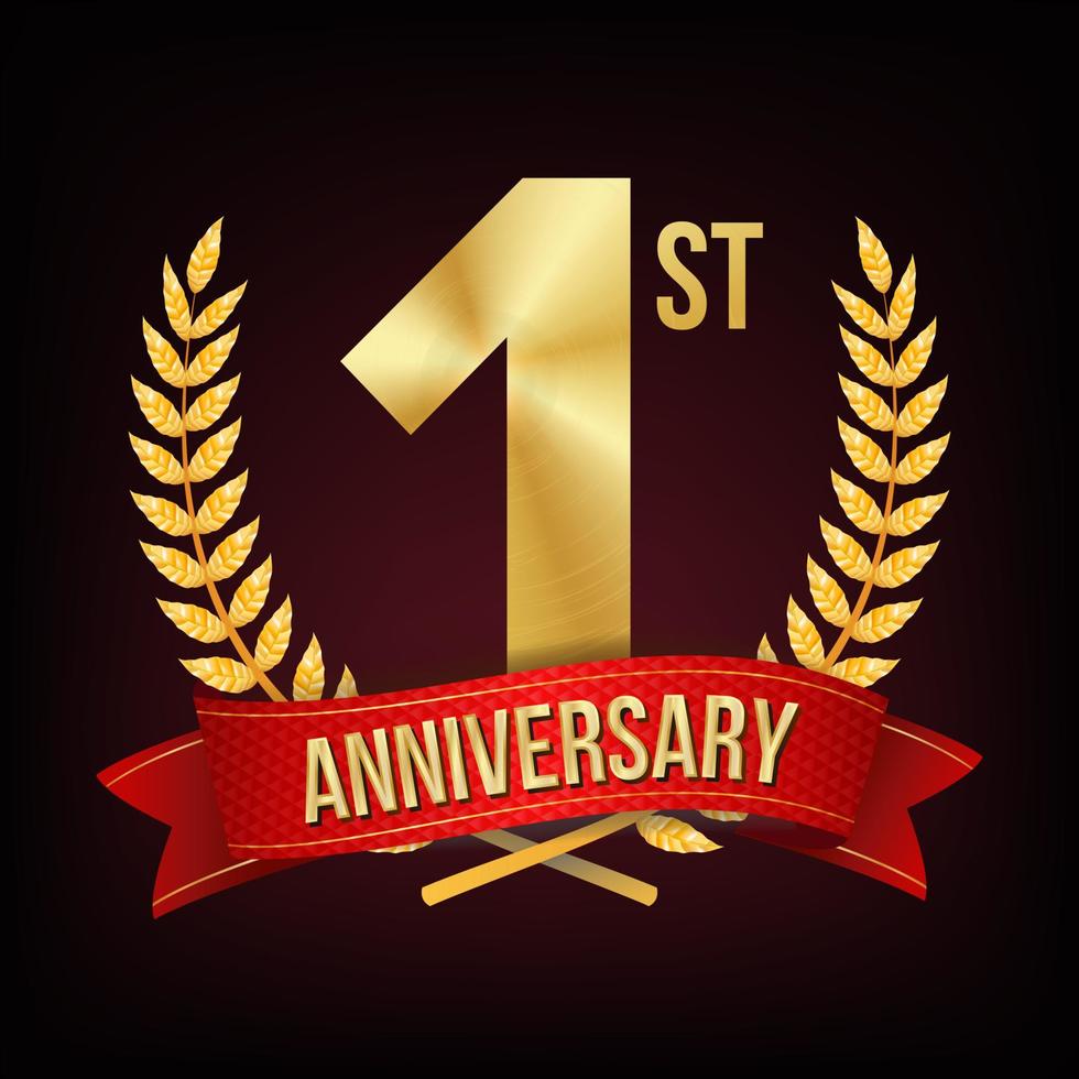 1 Year Anniversary Vector. One, First Celebration Banner. Gold Digit Sign.  Number One. Laurel Wreath. For Business Cards, Postcards, Flyers Event  Design. Illustration 17605705 Vector Art at Vecteezy