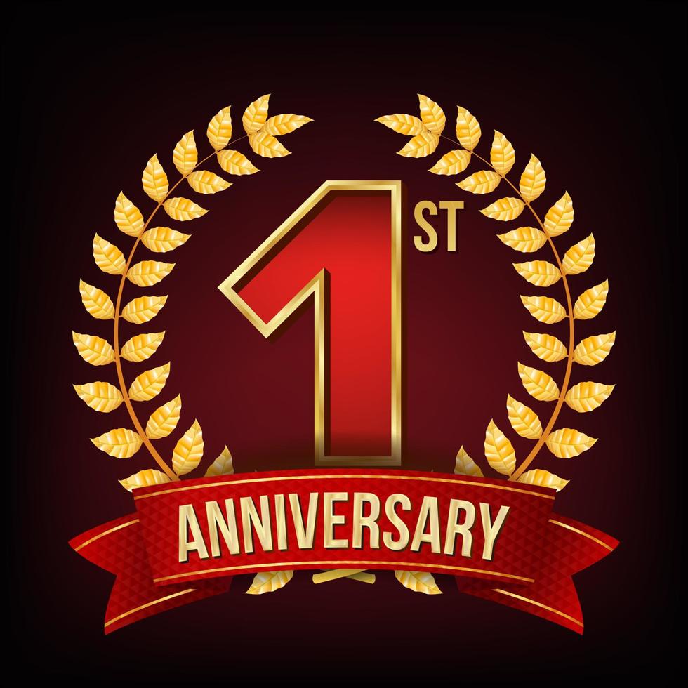 1 Year Anniversary Banner Vector. One, First Celebration. Shining Gold Sign. Number One. Laurel Wreath. Red Ribbon. For Business Event Design. Illustration vector