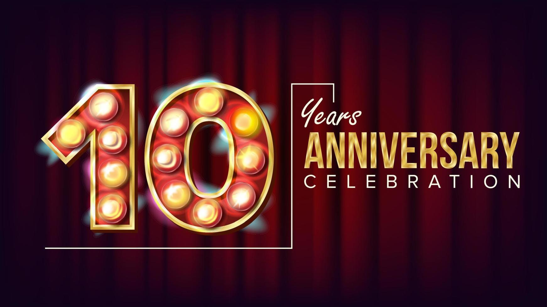 Vector de banner de aniversario de 10 años. diez, décima celebración. dígitos de luz iluminados de estilo vintage. para feliz cumpleaños lujoso diseño publicitario. ilustración de fondo rojo de negocios