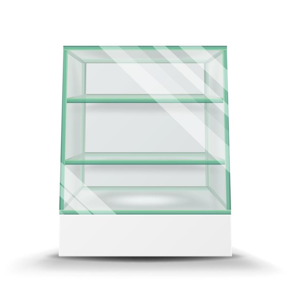 gabinete de vidrio vacío aislado sobre fondo transparente. vector de vidrio de soporte publicitario. Escaparate de vidrio vacío 3d para exhibición y productos.