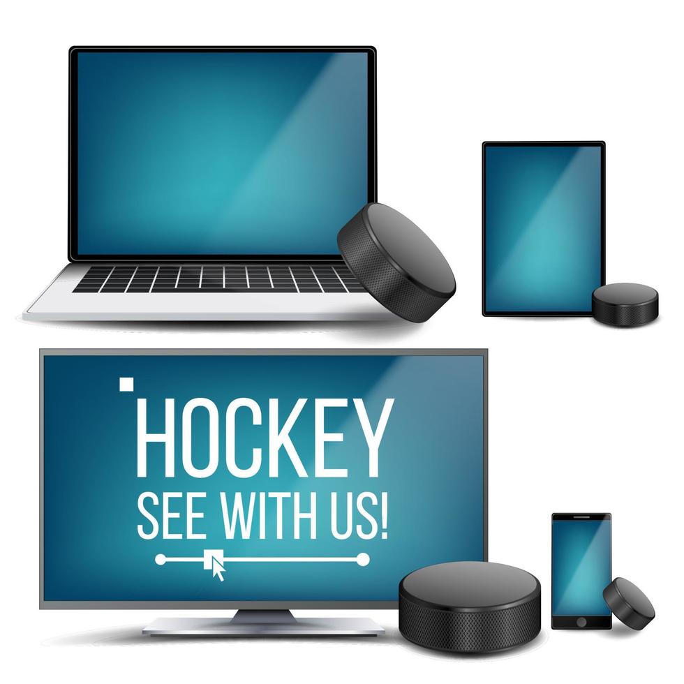 vector de aplicación de hockey. disco de hockey. transmisión en línea, casa de apuestas, aplicación de juegos deportivos. elemento de diseño de pancartas. partido en vivo. monitor, computadora portátil, tableta táctil, teléfono inteligente móvil. ilustración realista