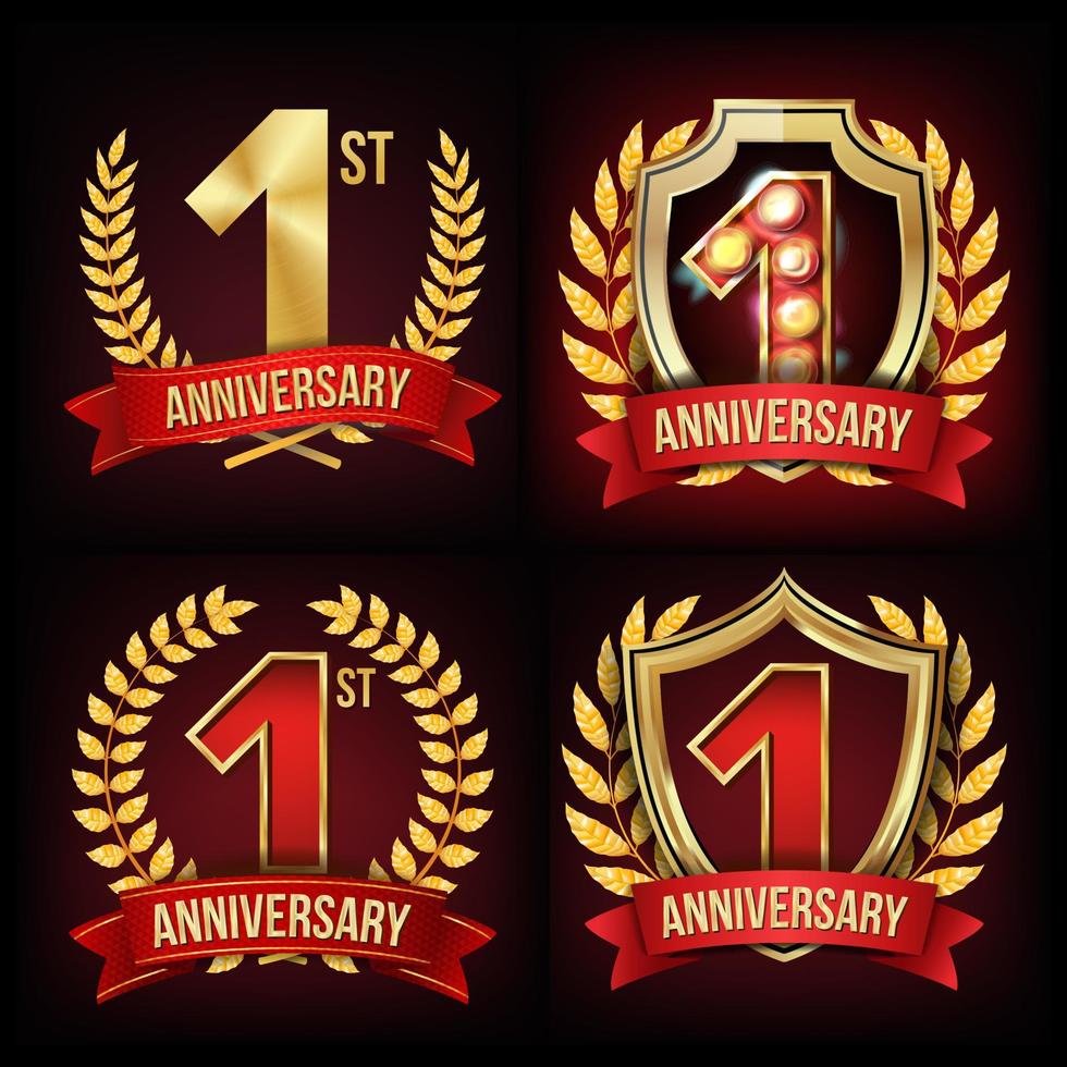 One Year Anniversary Banner Set Vector. 1 Age Sign. One, First Celebration. Shining Gold Sign. Number One. Laurel Wreath. For Party Business Cards, Postcards, Flyers, Gift Cards Design. Illustration vector