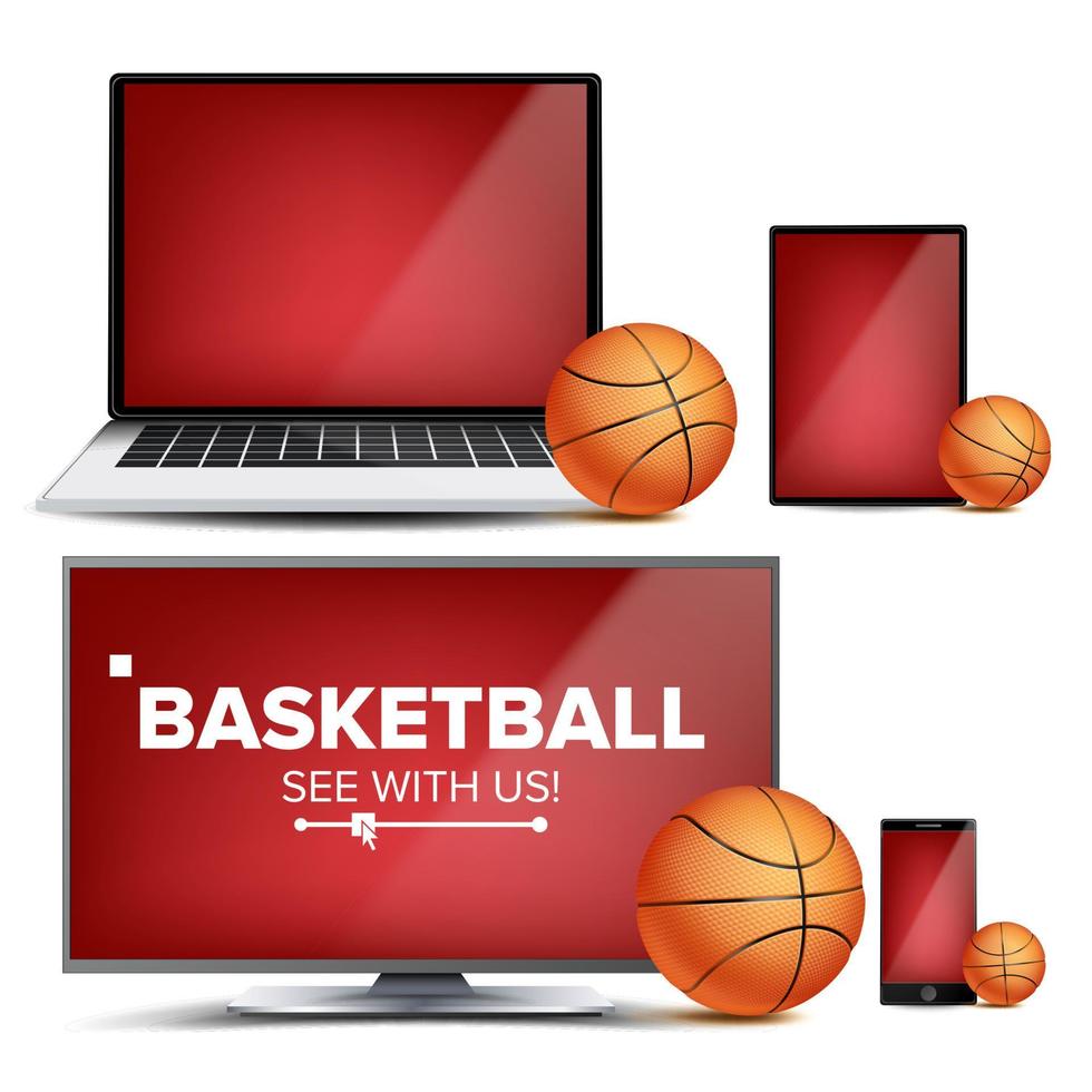 vector de aplicación de baloncesto. campo, pelota de baloncesto. transmisión en línea, casa de apuestas, aplicación de juegos deportivos. elemento de diseño de pancartas. partido en vivo. monitor, computadora portátil, tableta, teléfono inteligente móvil. ilustración realista