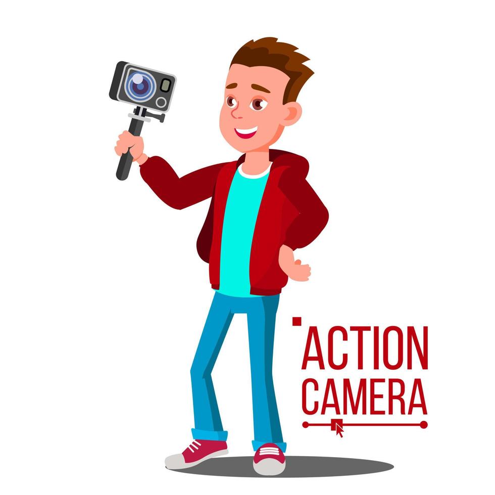 Child Boy With Action Camera Vector. Self Video, Portrait. Shooting Process. Isolated Cartoon Illustration vector