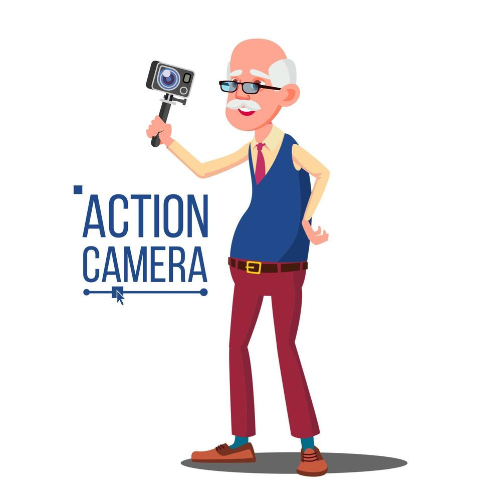Old Man With Action Camera Vector. Self Video, Portrait. Shooting Process. Recording Video. Isolated Cartoon Illustration vector