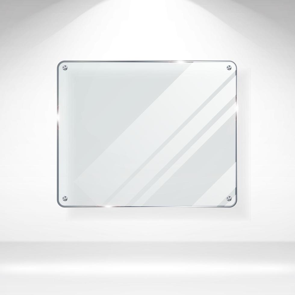 Advertising Stand Glass Vector. Realistic Glass On A Wall With Lights. Good For Images And Advertisement. Banner Template For Designers. Vector EPS 10