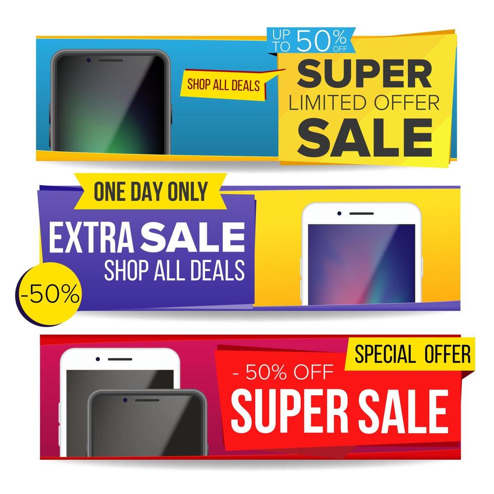 Sale Banner Collection Vector. Mobile Phone. Website Color Web Banners Design. Advertising Element. Shopping Backgrounds. Isolated Illustration vector