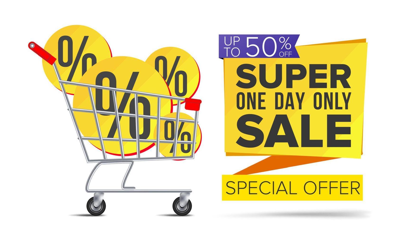 Shopping Cart With Big Sale Banner Vector. Up To 50 Percent Off. Sale Banner Tag. Price Labels. Isolated Illustration vector