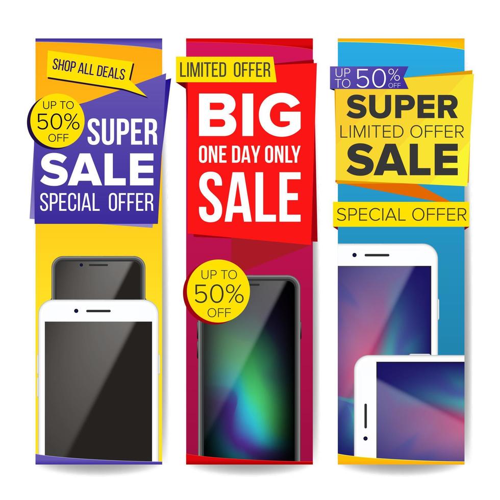 Sale Banner Set Vector. Place For Your Product. Smartphone. Discount Banners. Up To 50 Percent Off. Sale Banner Tag. Price Labels. Isolated Illustration vector