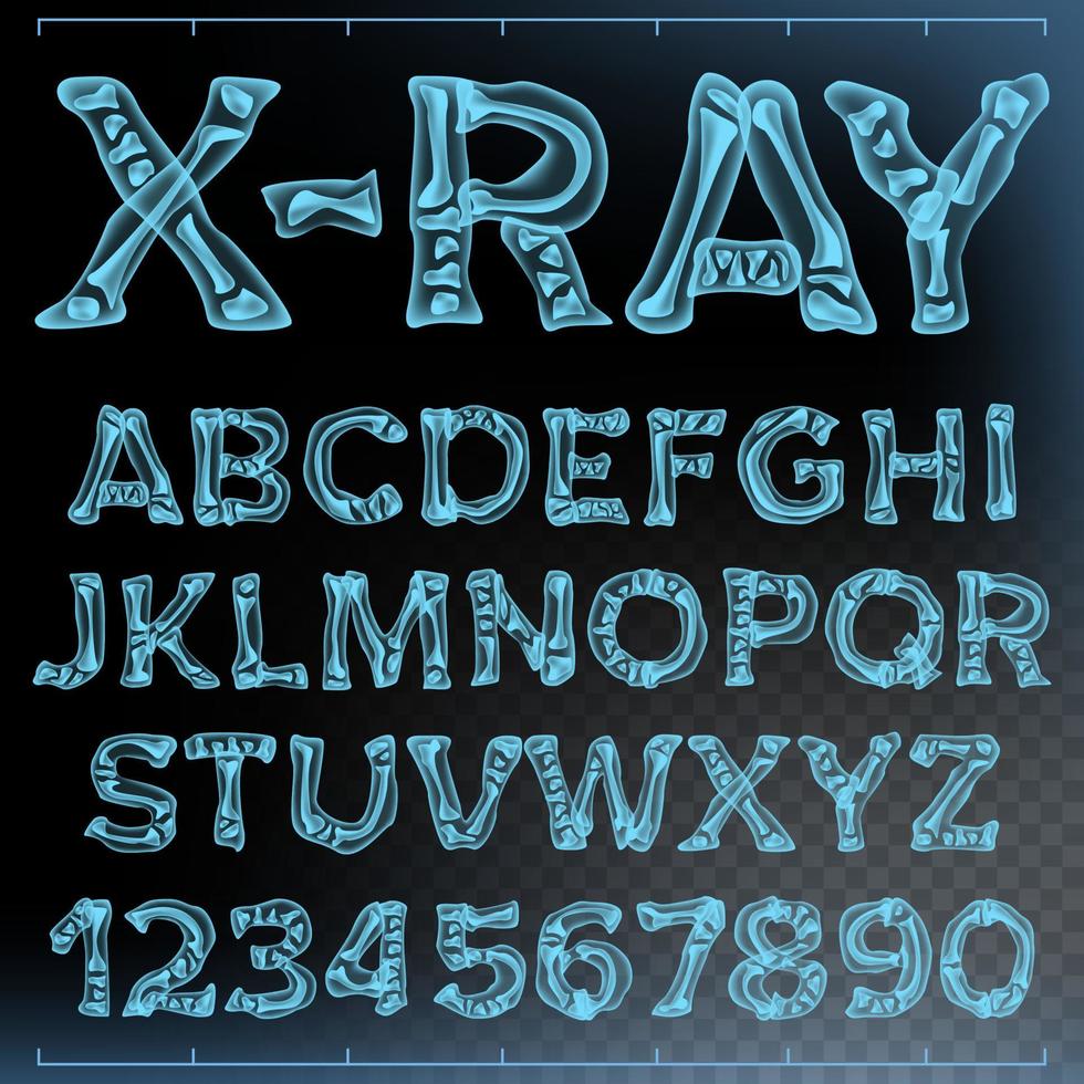 X-ray Font Vector. Transparent Roentgen Alphabet. Radiology 3D Scan. Abc. Blue Bone. Medical Typography. Capitals Letters And Numbers. Isolated Illustration vector