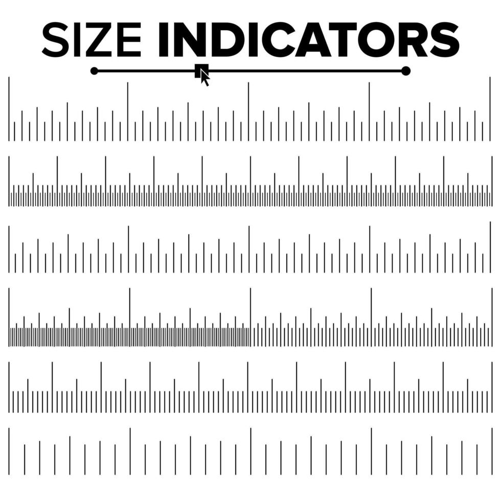 Size Indicator Set Vector. Ruler Scale Distances. Graduation. Size Indicator Units. Centimeter And Inches. Isolated Illustration vector
