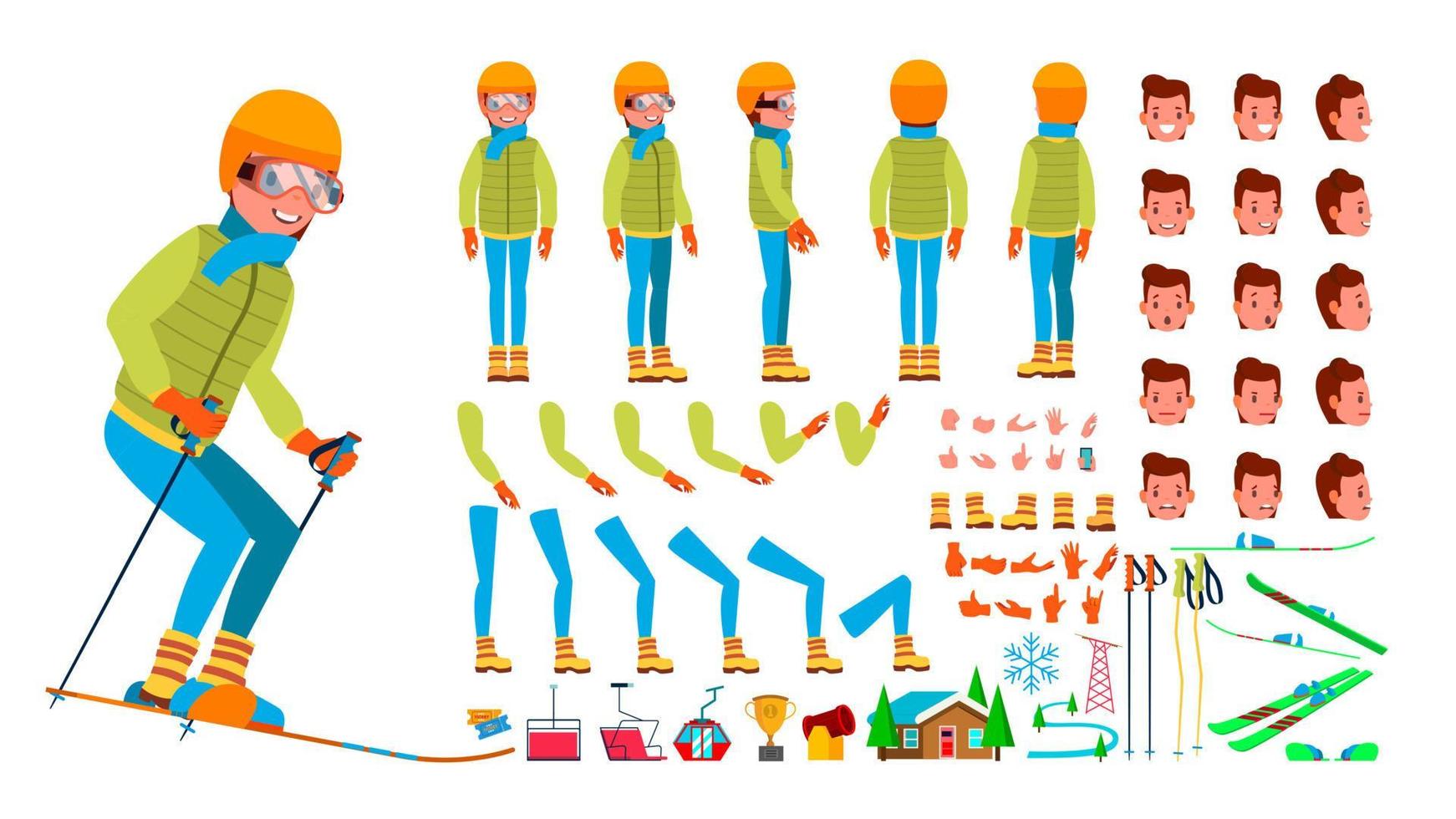 Skiing Male Vector. Animated Character Creation Set. Man Full Length, Front, Side, Back View, Accessories, Poses, Face Emotions, Gestures. Isolated Flat Cartoon Illustration vector
