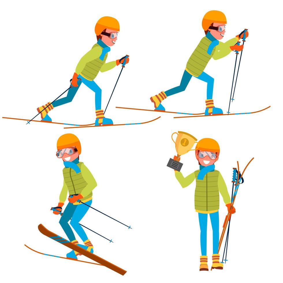 Skiing Young Man Vector. Man. Enjoying Snow Landscape. Skier And Snow. Flat Cartoon Illustration vector