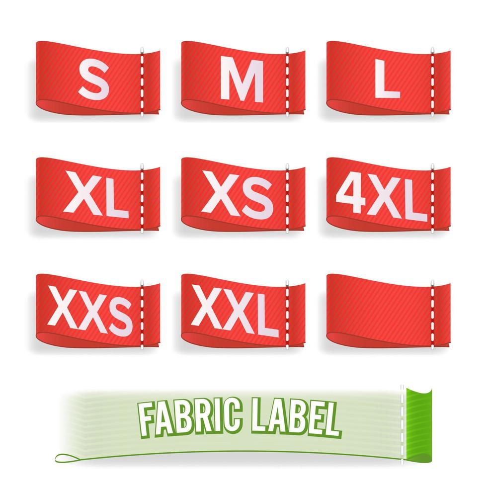 vector de tela de etiqueta de tamaño. conjunto realista de etiquetas o insignias de tela en blanco brillante con costuras.