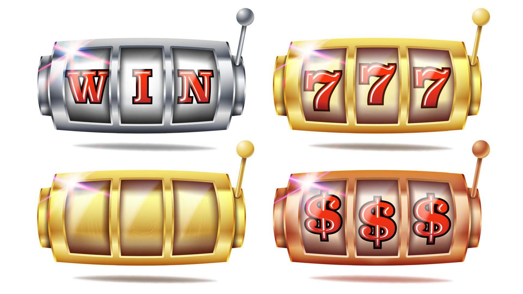 vector de conjunto de máquinas tragamonedas. 777. elemento de banner de gran victoria. oro, plata, bronce. plantilla de máquina giratoria. ilustración de casino jackpot de la fortuna