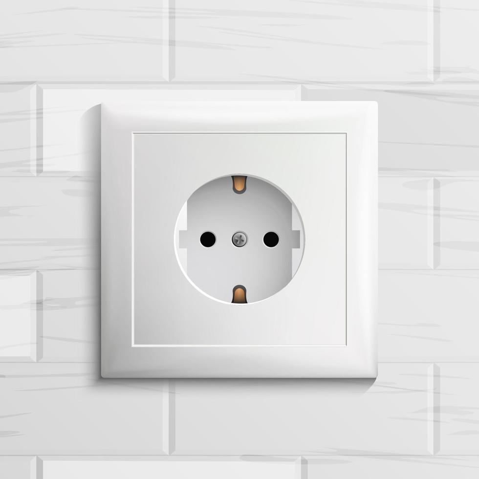 Electric Socket Vector. Plastic Standard Panel. Brick Wall. Realistic Illustration vector