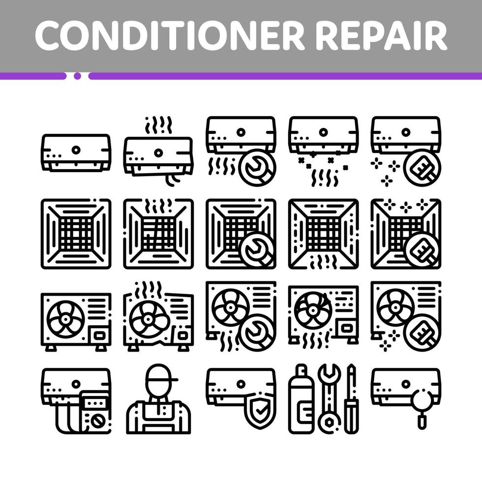 conjunto de iconos de línea delgada de vector de reparación de acondicionador