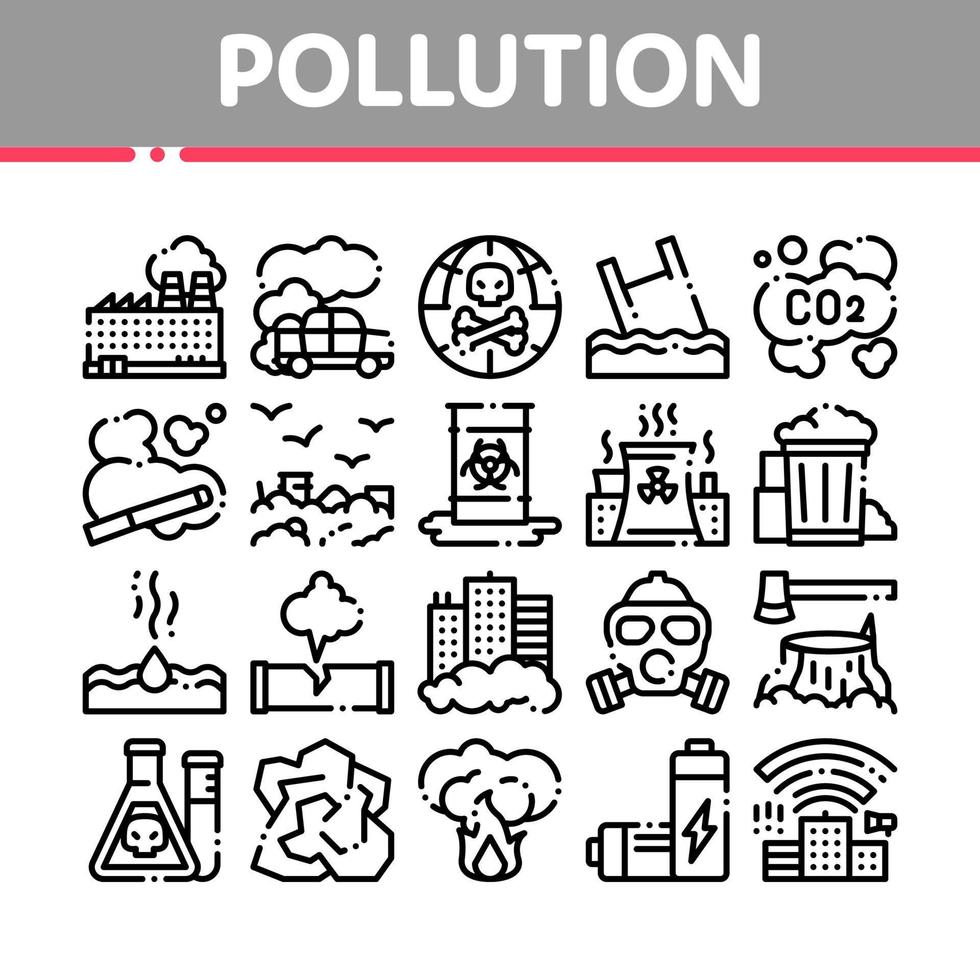 Pollution of Nature Vector Thin Line Icons Set