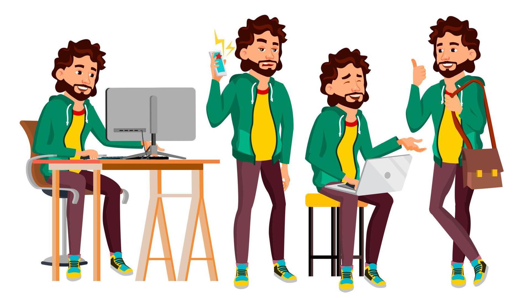 Office Worker Vector. Face Emotions, Various Gestures. Adult Business Male. Successful Corporate Officer, Clerk, Servant. Isolated Flat Character Illustration vector