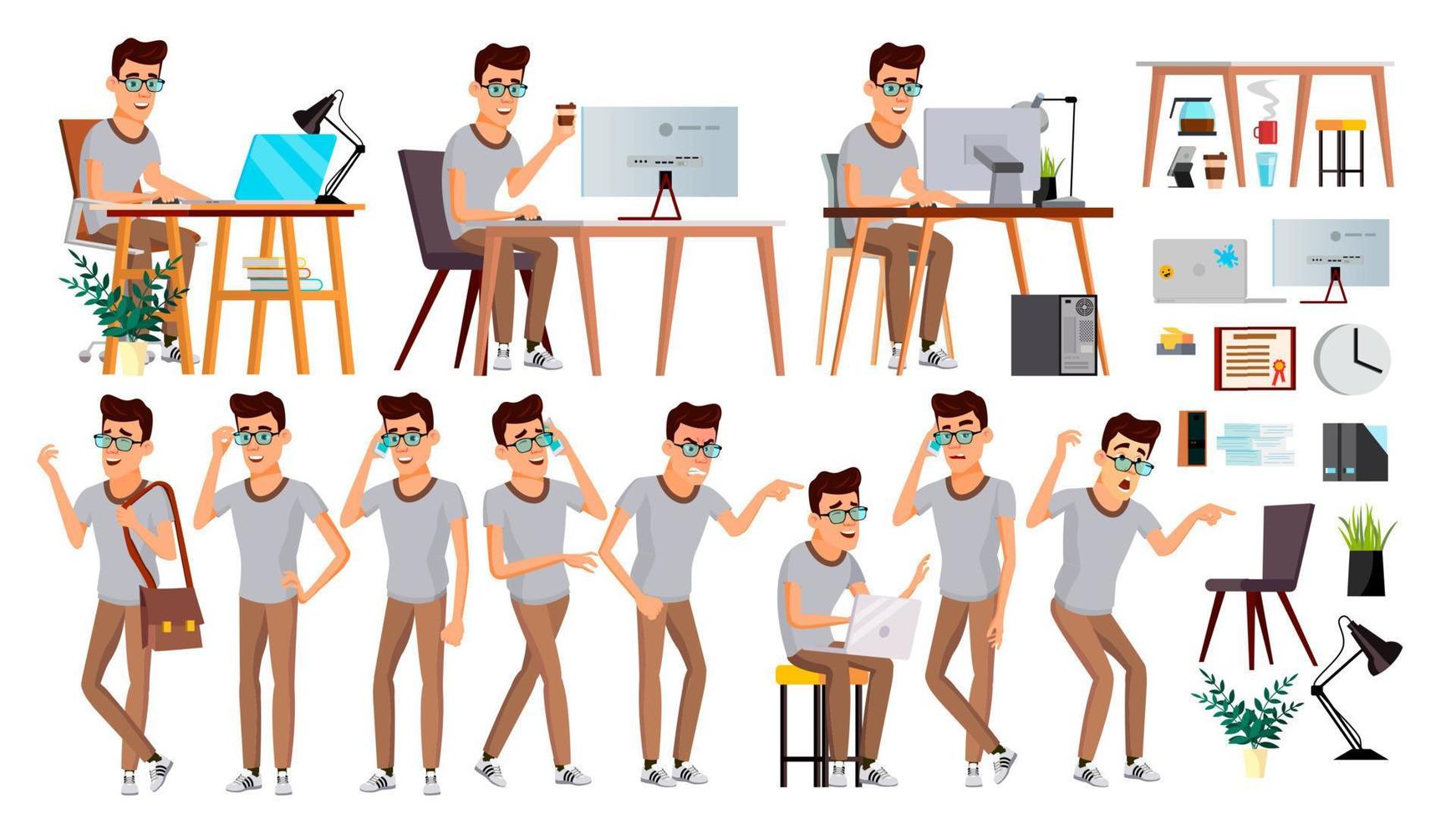 Office Worker Vector. Face Emotions, Various Gestures. Business Human. Smiling Manager, Servant, Workman, Officer. Flat Character Illustration vector