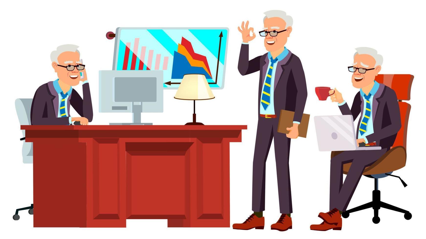 Old Office Worker Vector. Face Emotions, Various Gestures. Businessman Worker. Happy Job. Partner, Clerk, Servant, Employee. Isolated Flat Cartoon Illustration vector