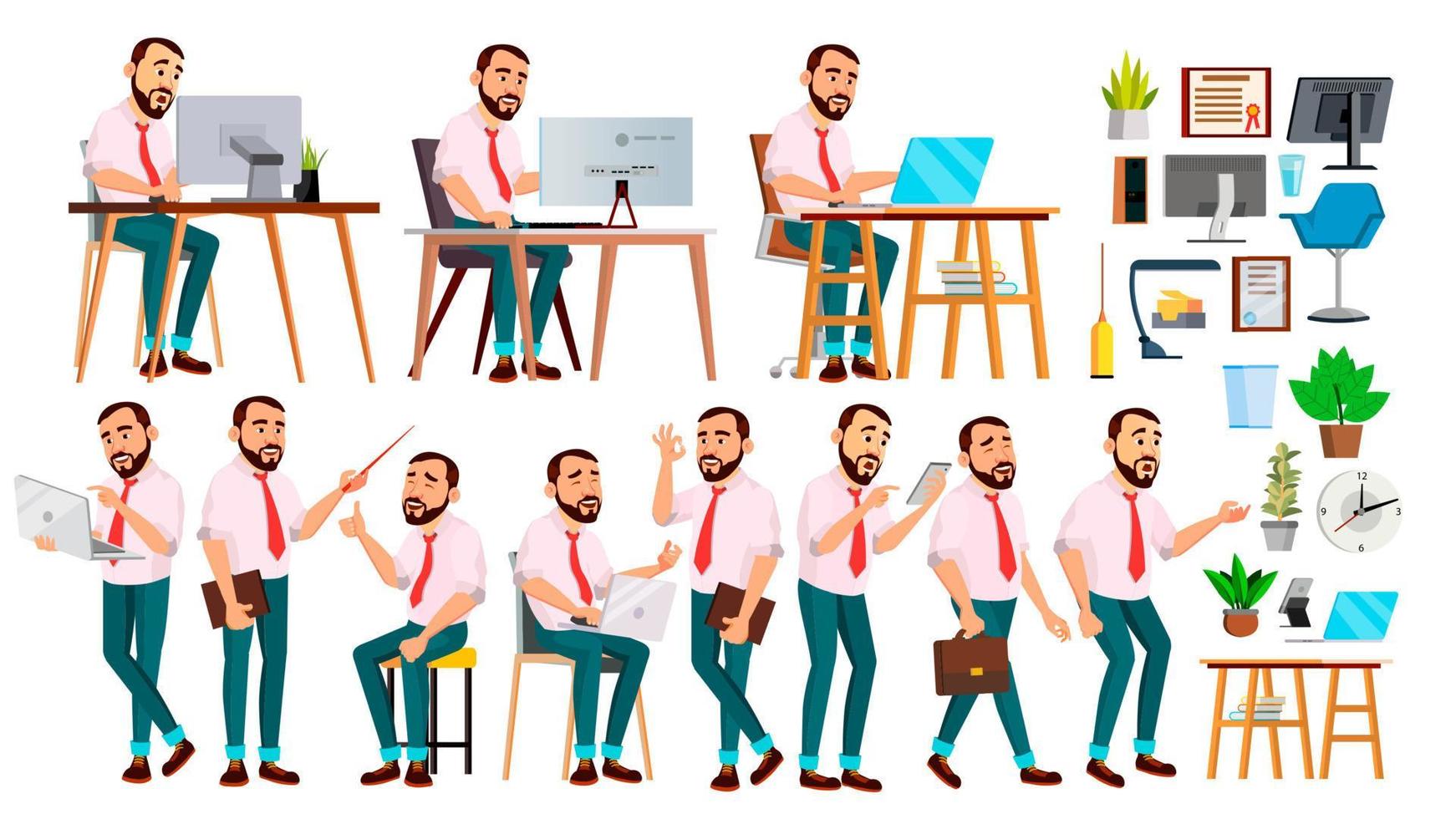 Office Worker Vector. Face Emotions, Various Gestures. Creation Set. Adult Entrepreneur Business Man. Happy Clerk, Servant, Employee. Isolated Flat Illustration vector