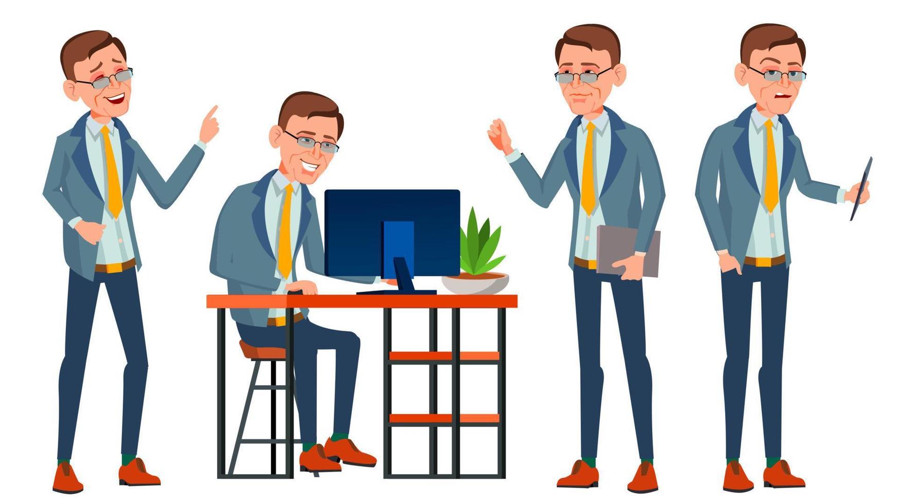 Office Worker Vector. Face Emotions, Various Gestures. Adult Business Male. Successful Corporate Officer, Clerk, Servant. Isolated Flat Character Illustration vector