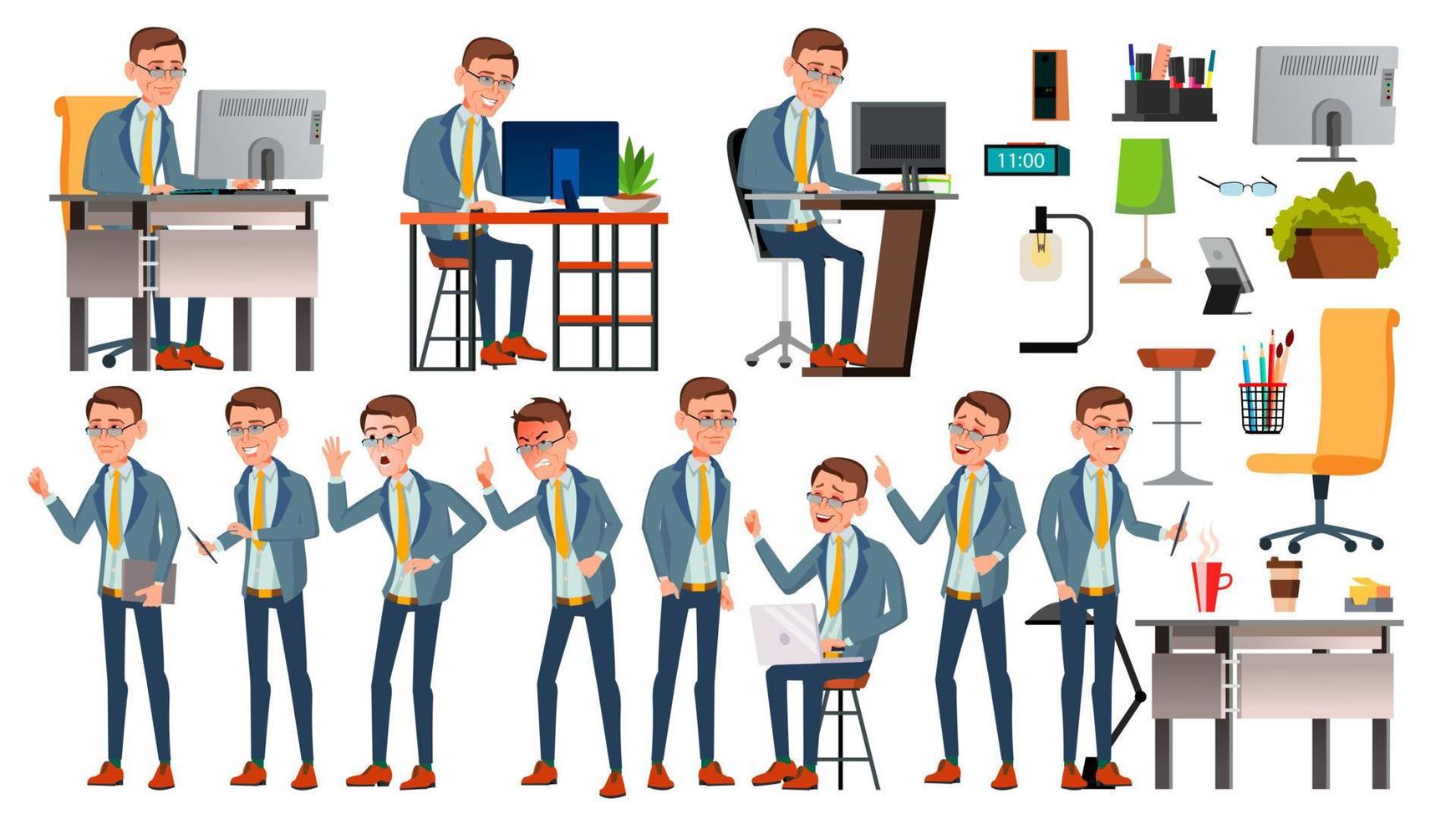 Office Worker Vector. Face Emotions, Various Gestures. Businessman Person. Smiling Executive, Servant, Workman, Officer. Isolated Character Illustration vector