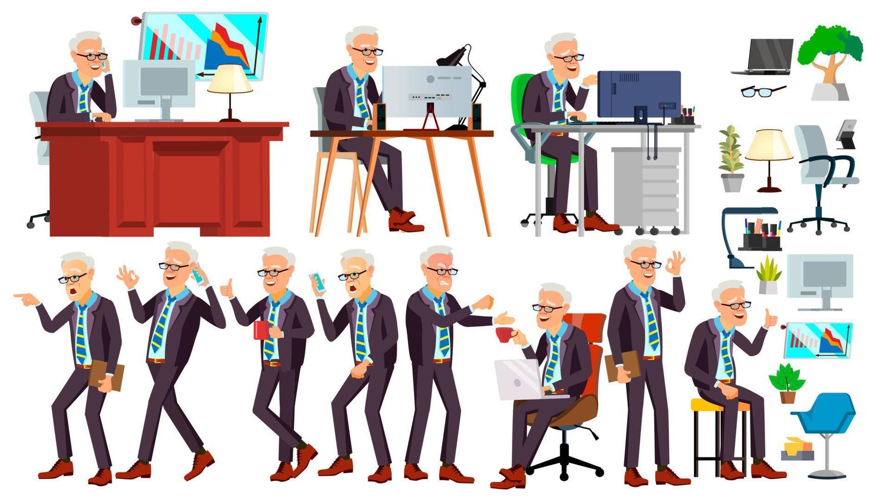 Old Office Worker Vector. Face Emotions, Various Gestures. Business Man. Professional Cabinet Workman, Officer, Clerk. Isolated Cartoon Character Illustration vector