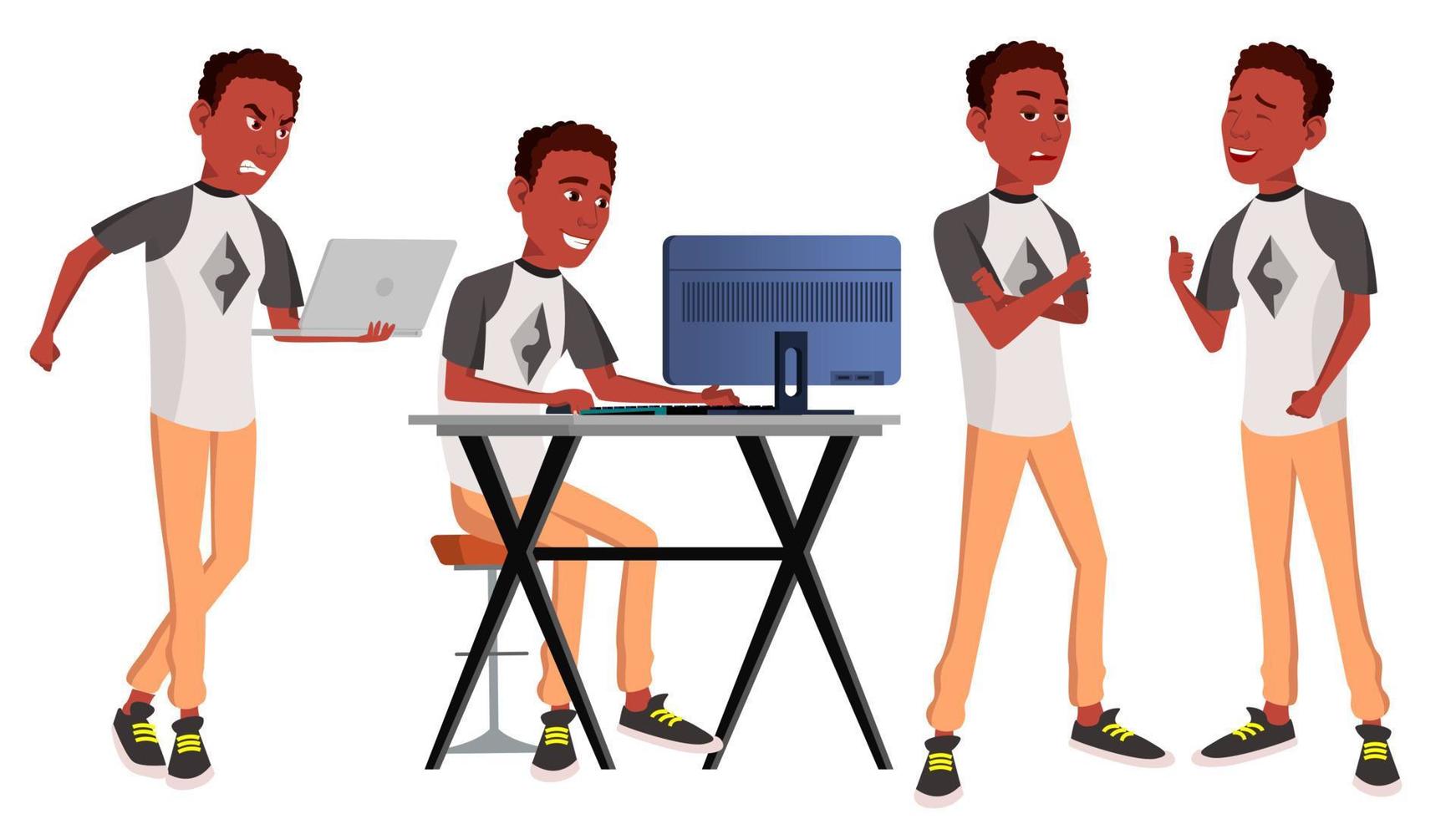 Office Worker Vector. Black. African. Poses. Adult Business Male. Successful Corporate Officer, Clerk, Servant. Isolated Flat Character Illustration vector