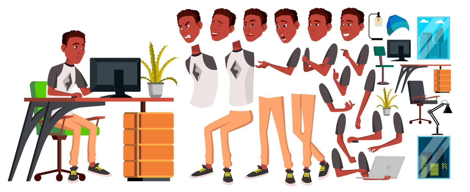 Office Worker Vector. Animation Creation Set. Black. African. Emotions, Gestures. Animated Elements. Office Generator. Businessman Human. Modern Cabinet Employee, Workman Laborer. Cartoon Illustration vector