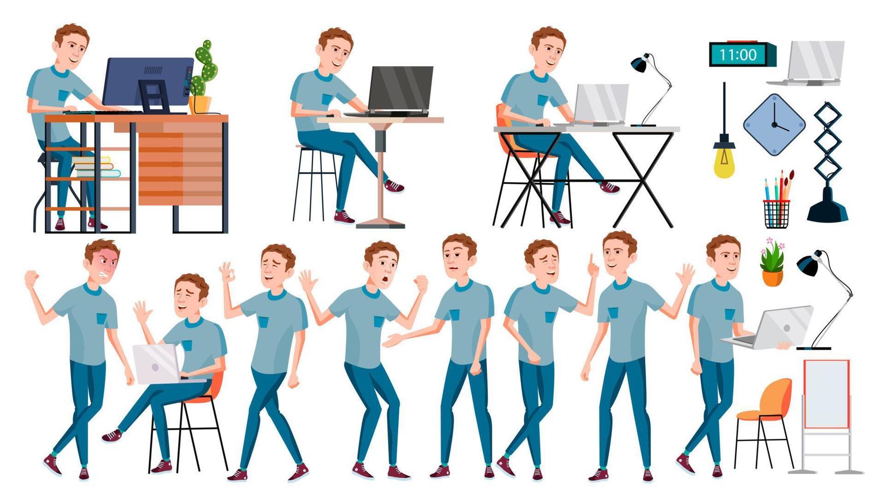 Office Worker Vector. Face Emotions, Various Gestures. Businessman Worker. Happy Job. Partner, Clerk, Servant, Employee. Isolated Flat Cartoon Illustration vector