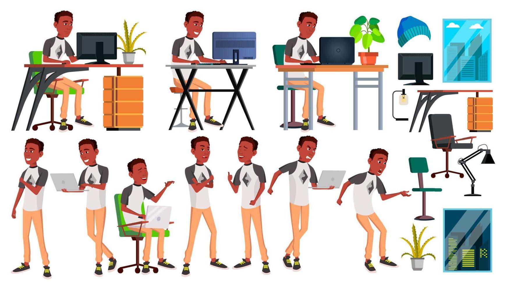 Office Worker Vector. Businessman Worker. Black. African. Poses. Front, Side View. Happy Job. Partner, Clerk, Servant, Employee. Isolated Flat Cartoon Illustration vector