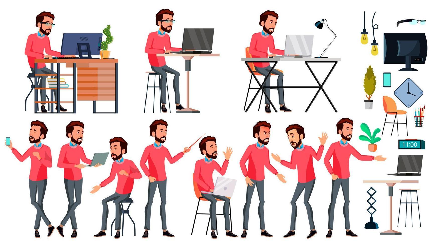 Office Worker Vector. Face Emotions, Various Gestures. Corporate Businessman Male. Successful Officer, Clerk, Servant. Isolated Cartoon Illustration vector