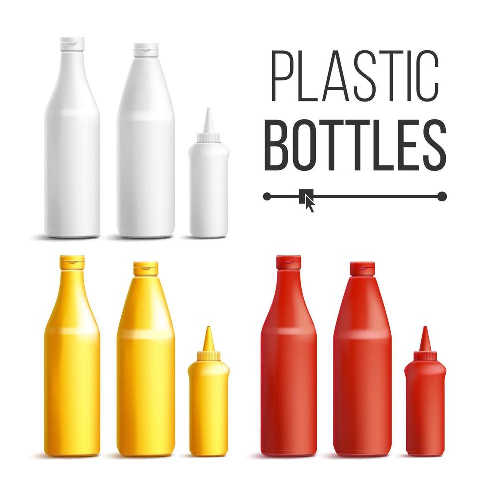 Blank White, Red, Yellow Plastic Bottles Vector. 3D Realistic Blank. Plastic Red Tomato, Mustard, Sauce, Mayonnaise Bottles. Mock Up Good For Branding Design. Isolated On White Background Illustration vector