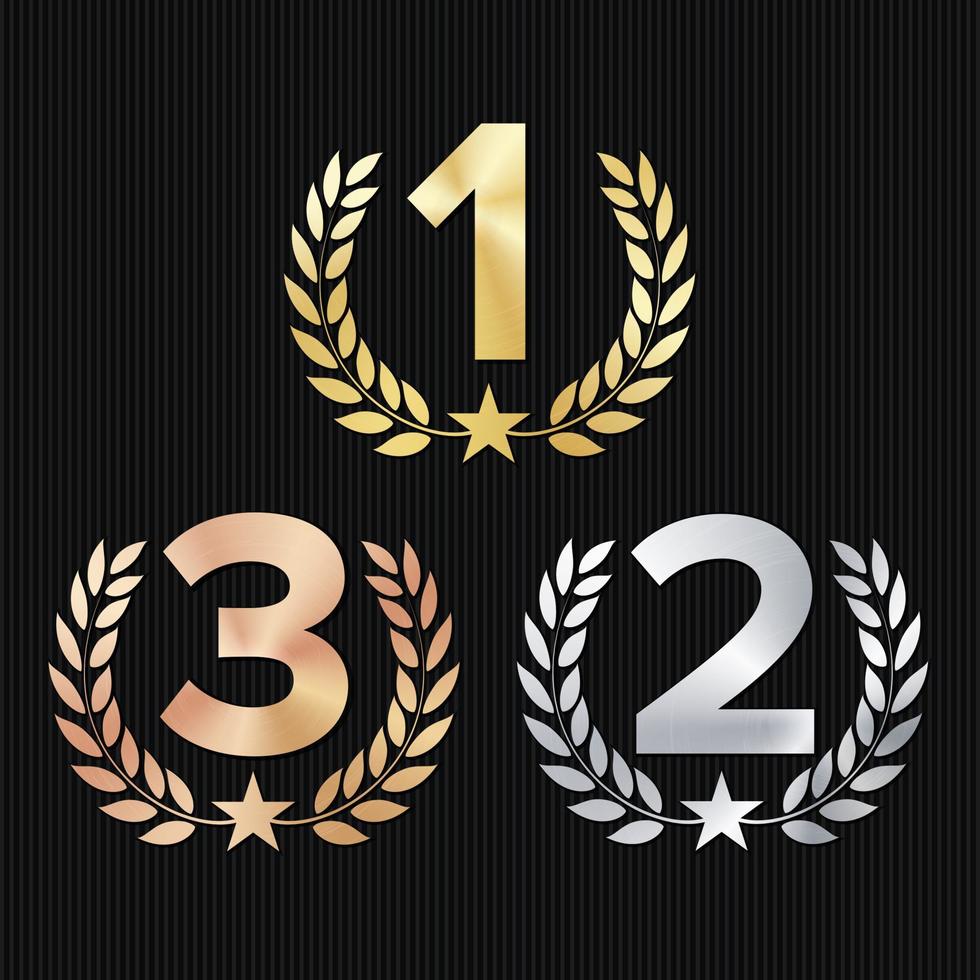 Trophy Award Set Vector. Figures 1, 2, 3 One, Two, Three In A Realistic Gold Silver Bronze Laurel Wreath And Red Ribbon. Competition Game Concept. Isolated On Black. Illustration vector