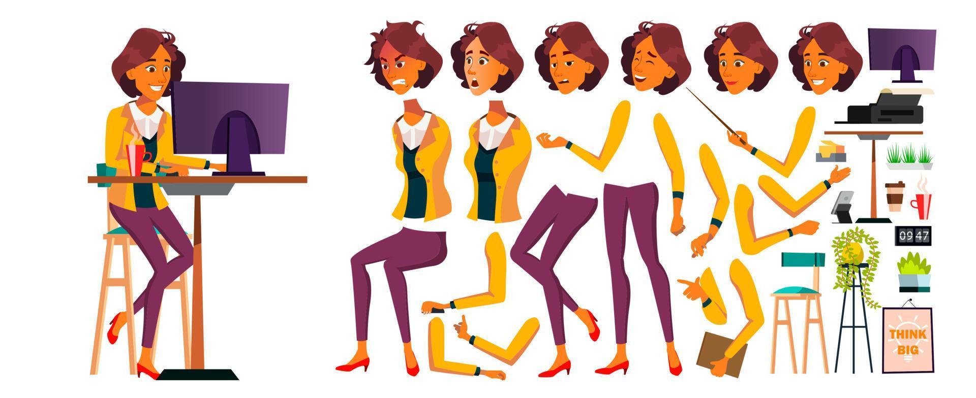 Office Worker Vector. Woman. Animated Elements. Lifestyle Generator. Professional Officer, Clerk. Adult Business Female. Lady Face Emotions, Gestures. Animation Creation Set. Cartoon Illustration vector