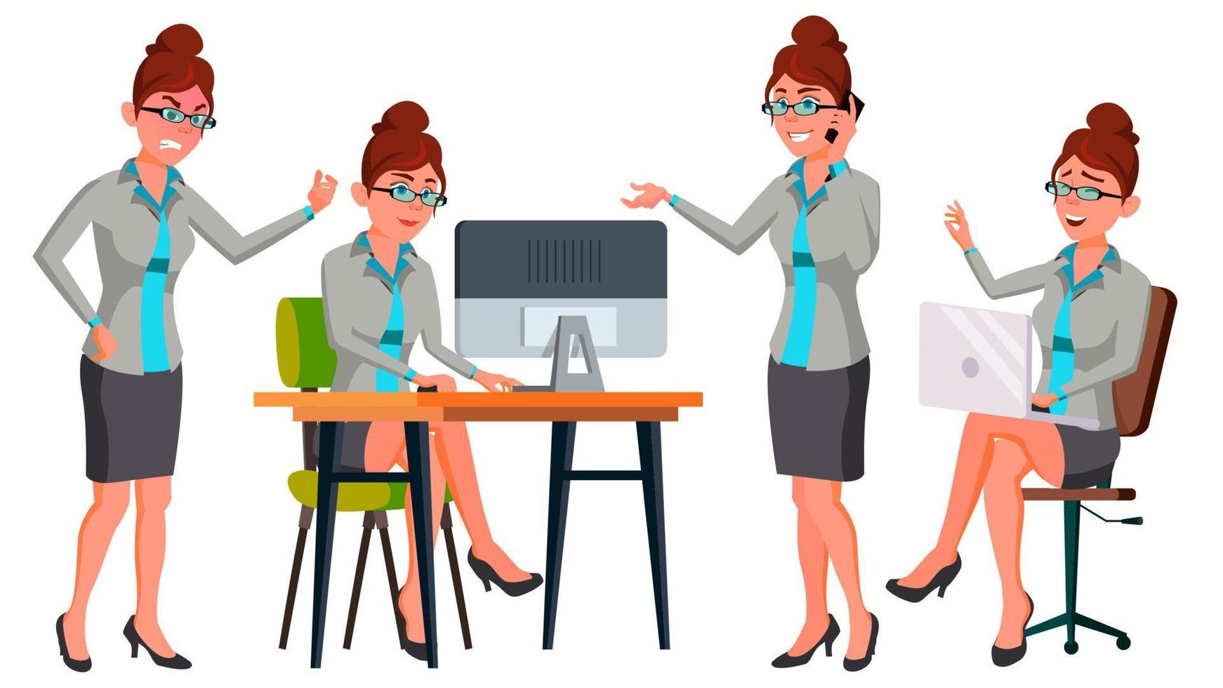 Office Worker Vector. Woman. Secretary, Accountant. Successful Officer, Clerk, Servant. Adult Business Woman. Situations. Face Emotions, Various Gestures. Animation Creation Set. Cartoon Illustration vector