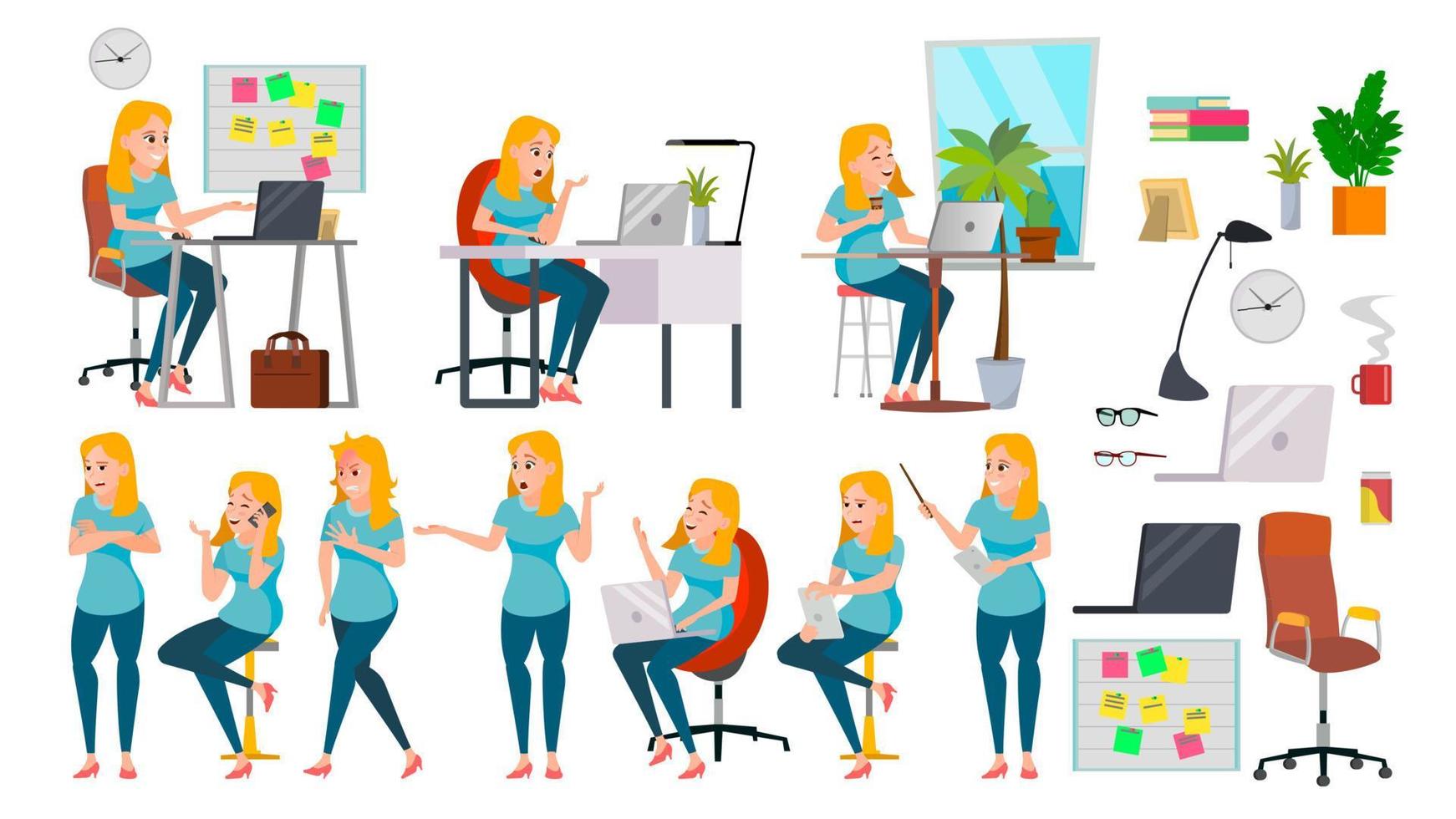 vector de caracteres de dama de mujer de negocios. mujer trabajadora en acción. es una empresa de negocios de inicio. vendedor eficaz. escritorio. longitud total. chica programadora. expresiones ilustración de personaje de negocios