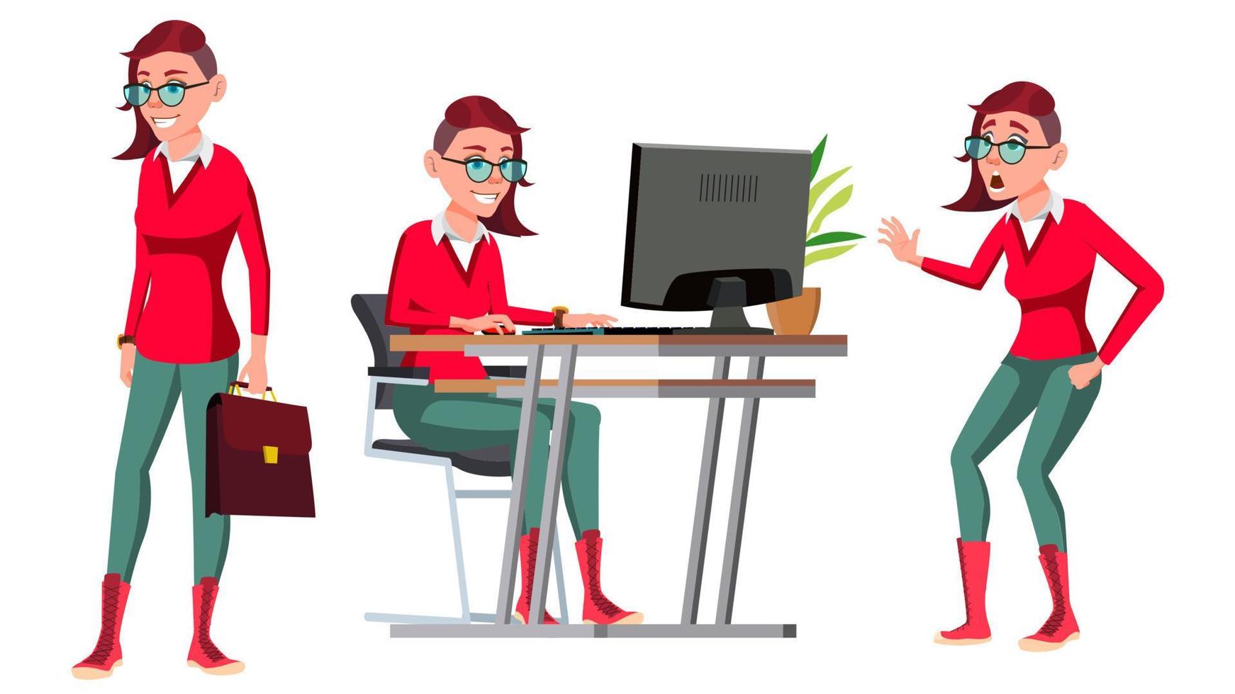 Office Worker Vector. Woman. Successful Officer, Clerk, Servant. In Action. Emo, Freak Hairstyle. Adult Business Woman. Face Emotions, Gestures. Isolated Flat Cartoon Illustration vector