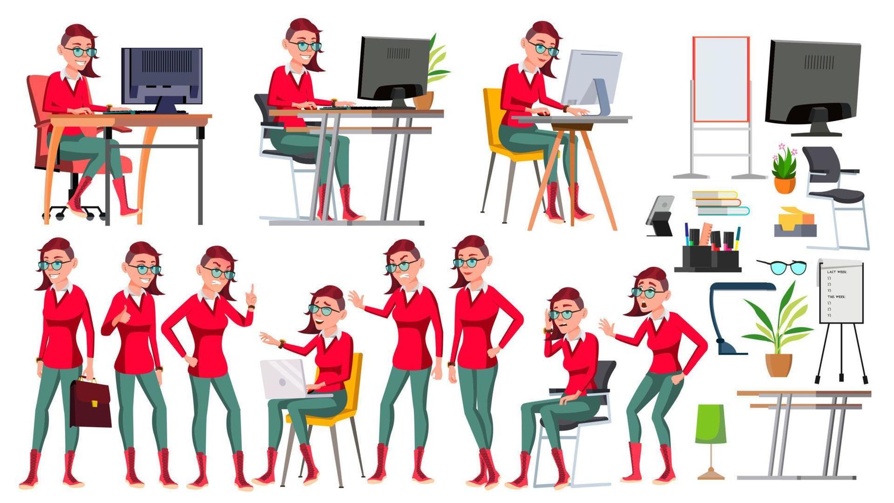Office Worker Vector. Woman. Successful Officer, Clerk, Servant. Emo Hairstyle. Poses. Business Woman Worker. Face Emotions, Gestures. Isolated Flat Illustration vector