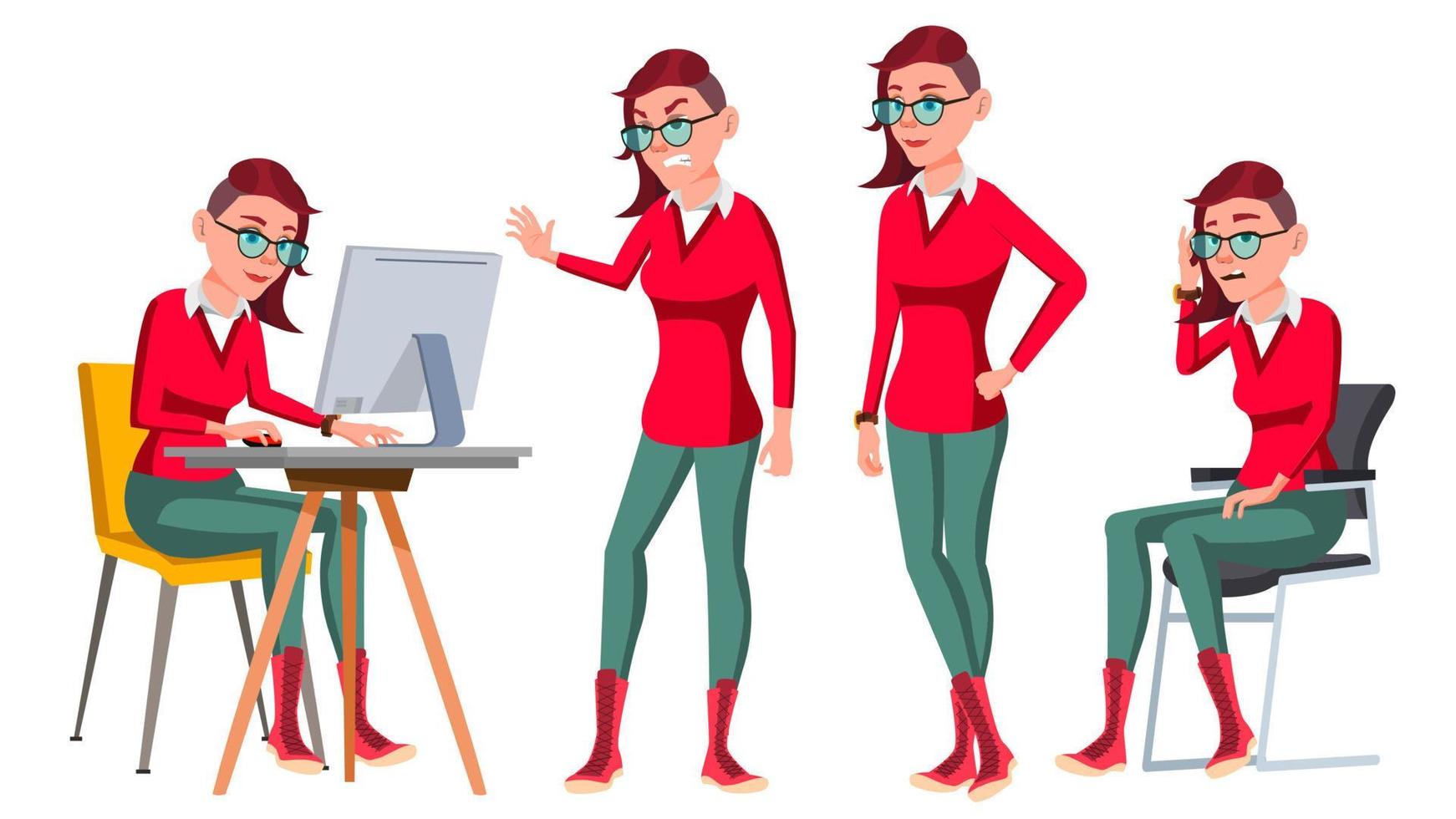 Office Worker Vector. Woman. Happy Clerk, Servant, Employee. Freak. In Action. Business Human. Emotions, Various Gestures. Isolated Character Illustration vector