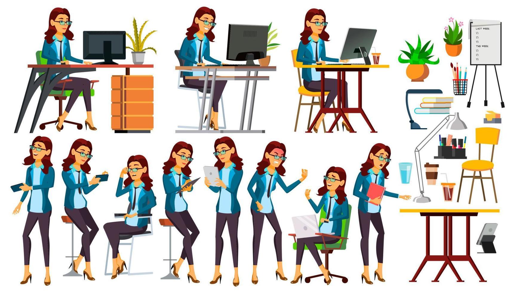 Office Worker Vector. Woman. Happy Clerk, Servant, Employee. Poses. Business Human. Face Emotions, Gestures. Secretary. Isolated Character Illustration vector