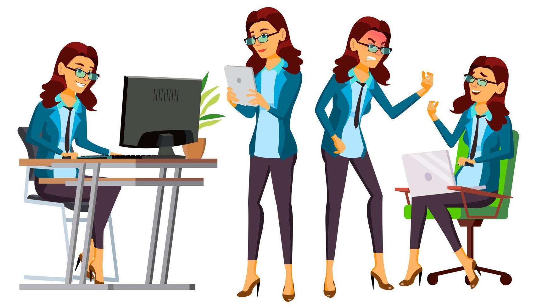 Office Worker Vector. Woman. Servant, Employee. Front, Side View. Poses. Business Woman Person. Accountant. Lady Emotions, Various Gestures. Flat Character Illustration vector